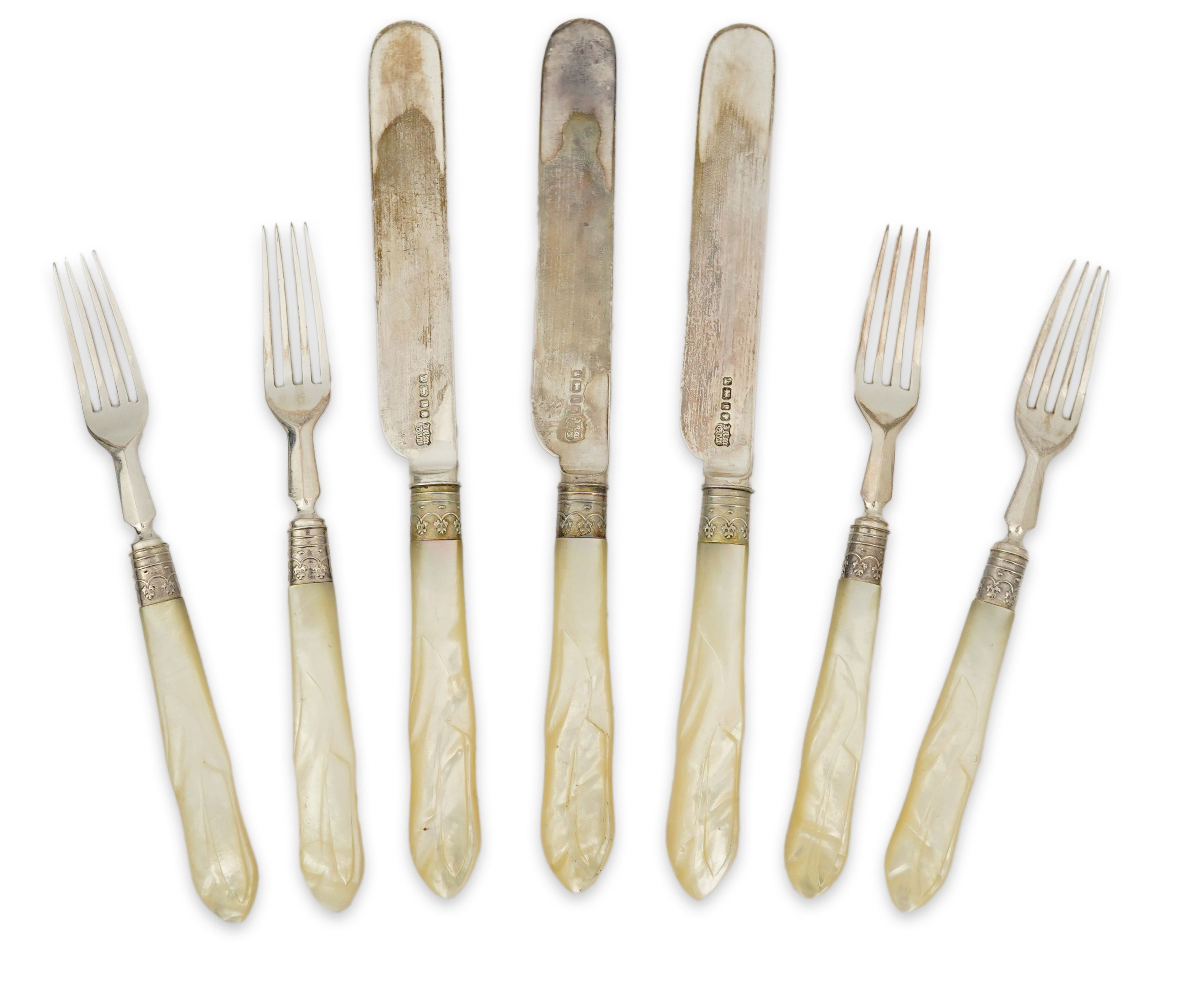 Twelve pairs of Victorian mother of pearl handled silver dessert eaters, by Mappin & Webb